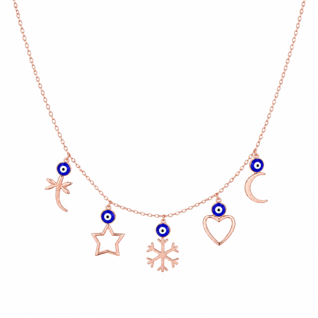 925 Sterling Silver Multicolor Charm Station Pendant Necklace - Rose Gold Finish - front view
