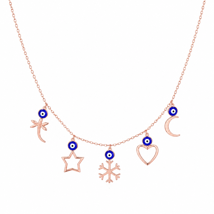 925 Sterling Silver Multicolor Charm Station Pendant Necklace - Rose Gold Finish - front view