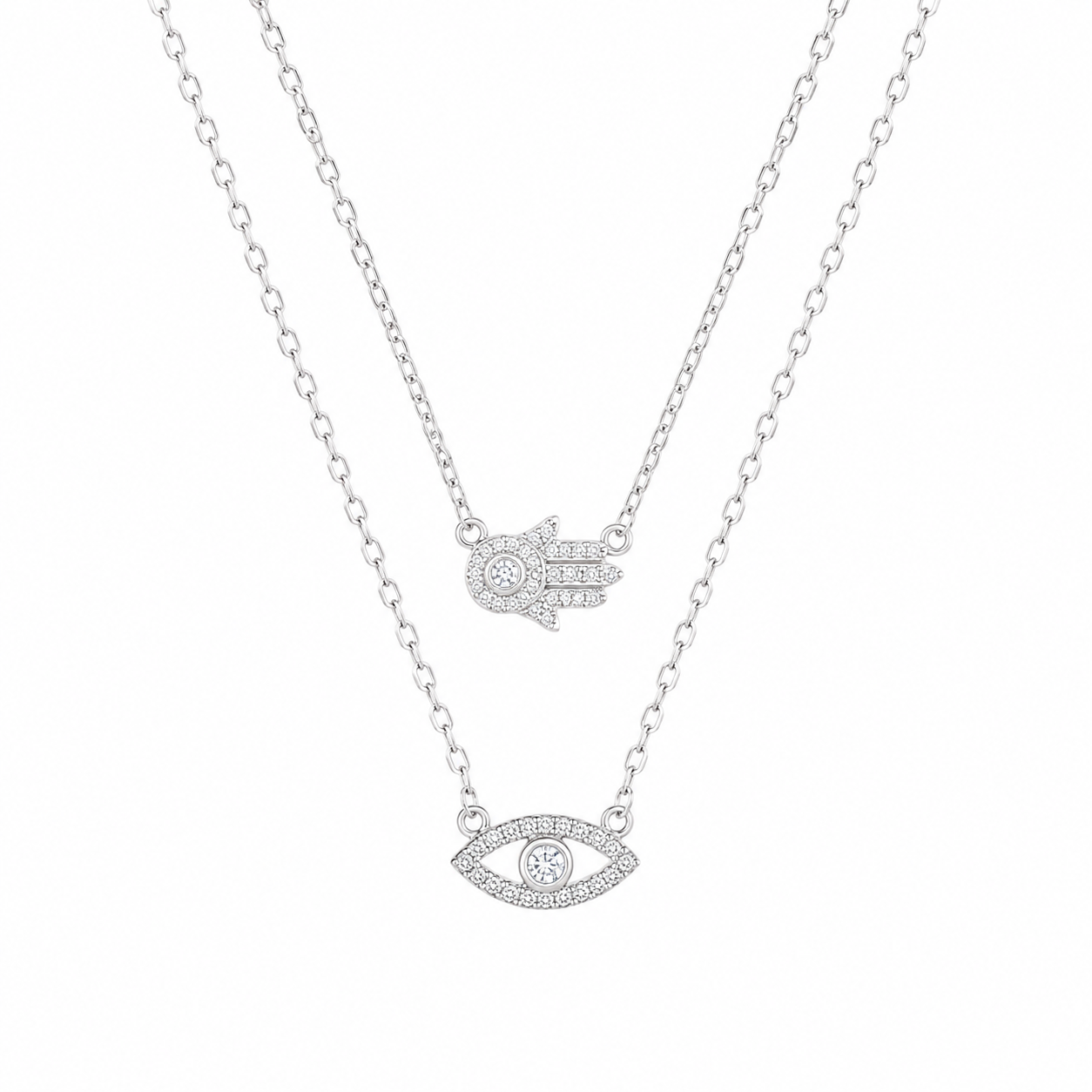 925 Sterling Silver Layered Two-Line Geometric Pendant Necklace - Silver Finish - front view
