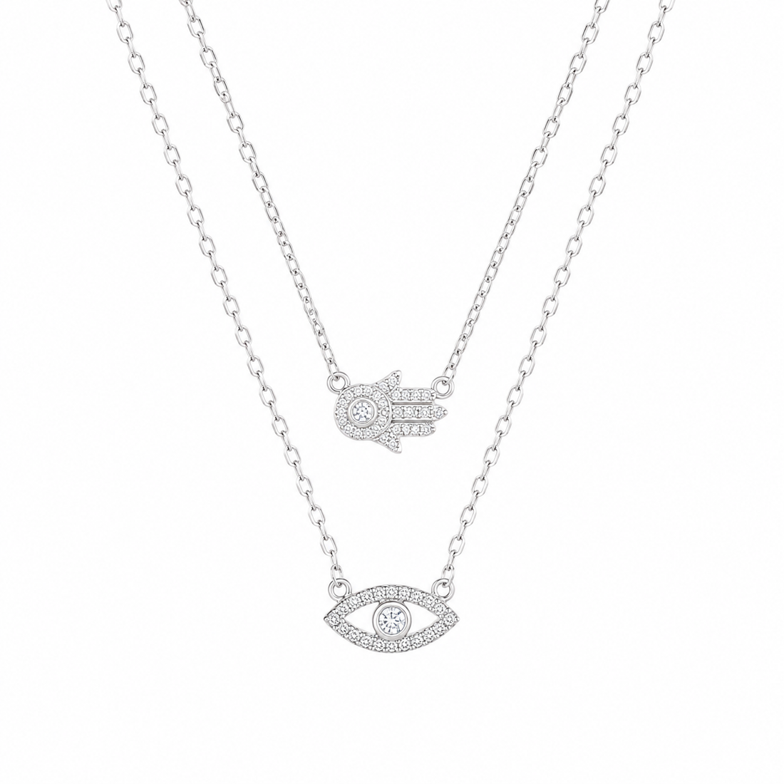 925 Sterling Silver Layered Two-Line Geometric Pendant Necklace - Silver Finish - front view