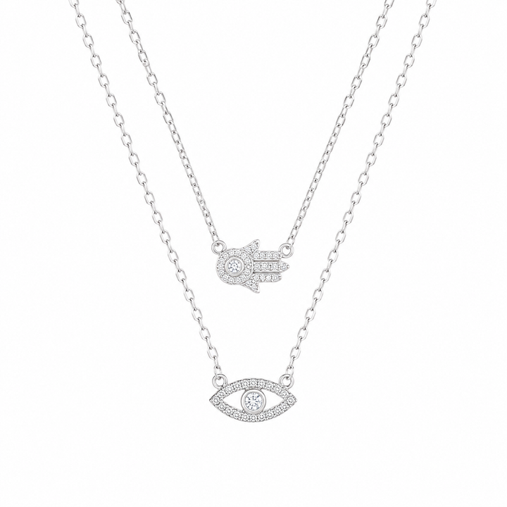 925 Sterling Silver Layered Two-Line Geometric Pendant Necklace - Silver Finish - front view