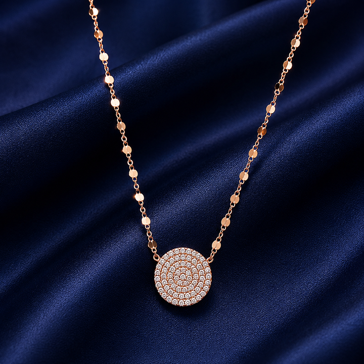 925 Sterling Silver Beaded Disc Pendant Necklace - Rose Gold Finish - front view