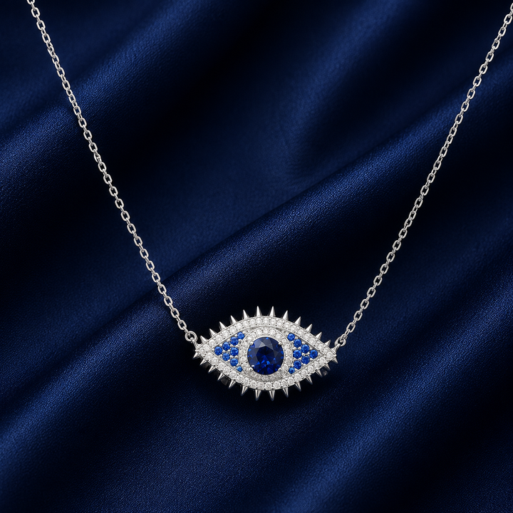 925 Sterling Silver Evil Eye Pendant Necklace - Silver Finish - front view