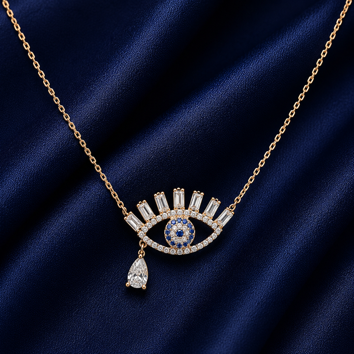 925 Sterling Silver Crown Eye Pendant Necklace - Rose Gold Finish - front view