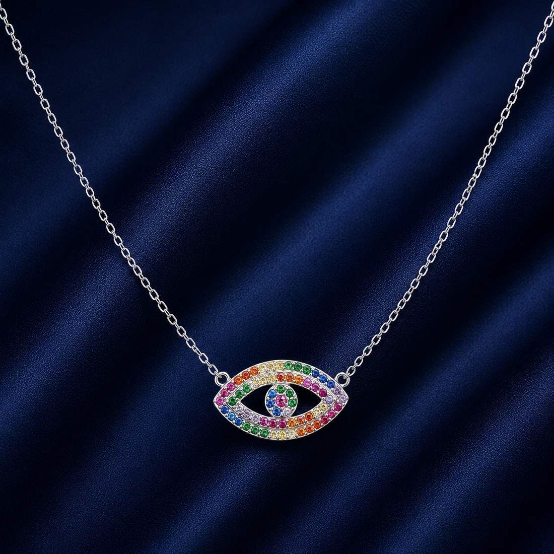 925 Sterling Silver Rainbow Eye Pendant Necklace - Silver Finish - front view