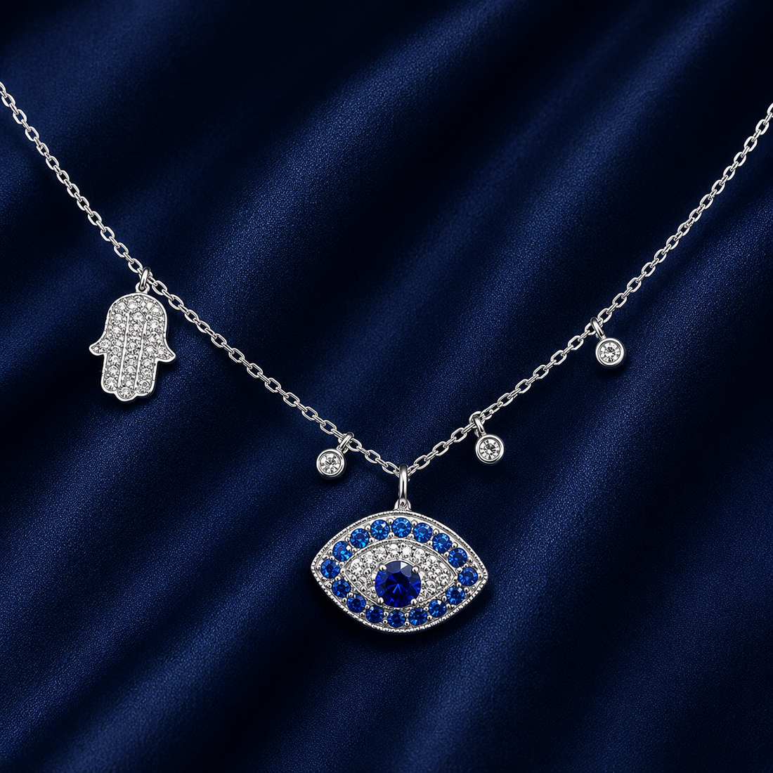 925 Sterling Silver Evil Eye with Side Charms Pendant Necklace - Silver Finish - front view