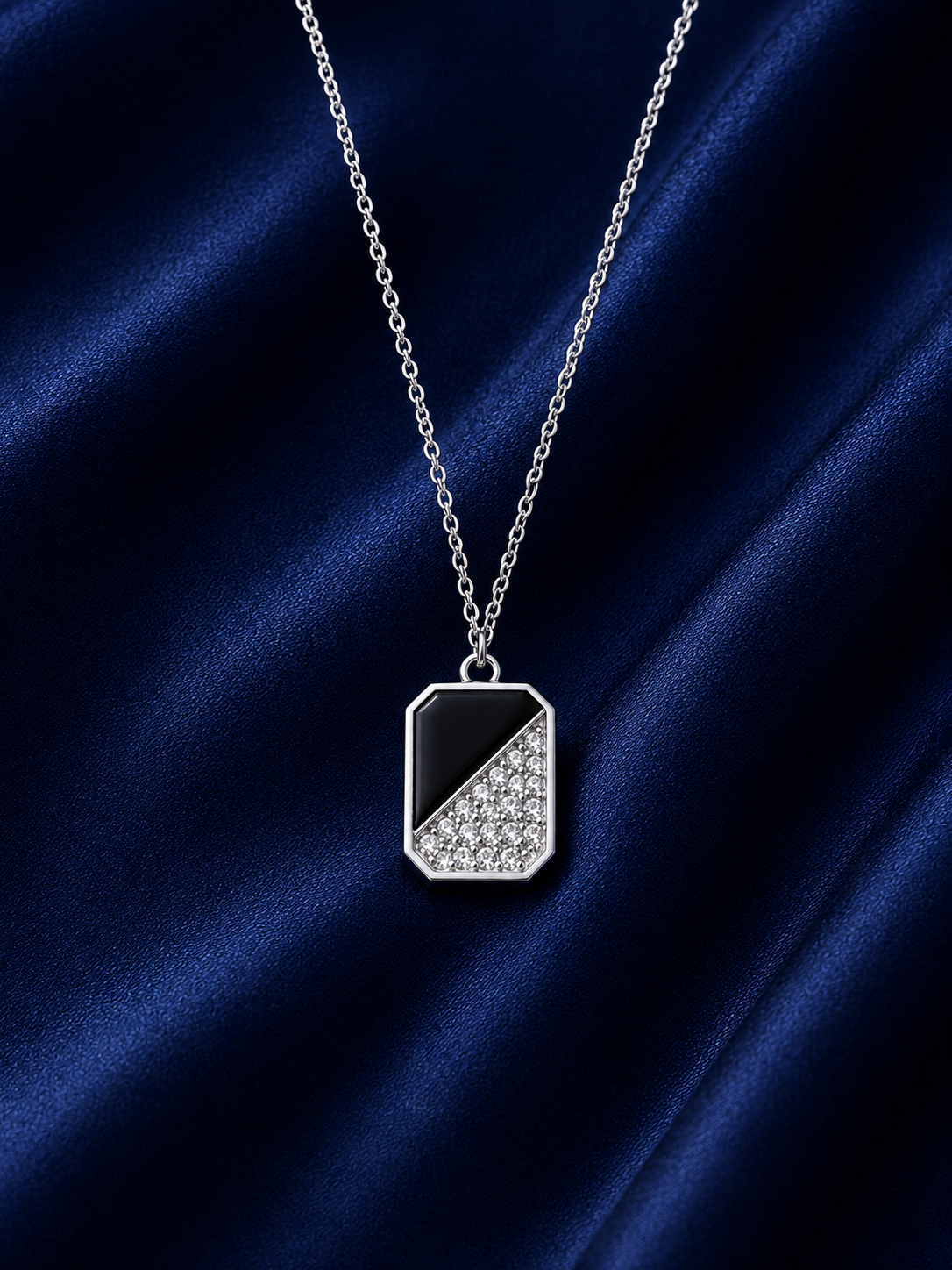 925 Sterling Silver Rectangular Pave Tag Pendant Necklace - Silver Finish - front view