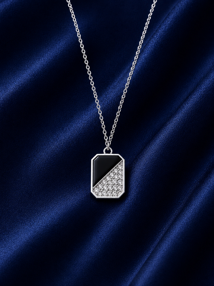 925 Sterling Silver Rectangular Pave Tag Pendant Necklace - Silver Finish - front view