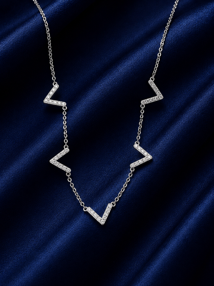 925 Sterling Silver Zigzag Lightning Pendant Necklace - Silver Finish - front view