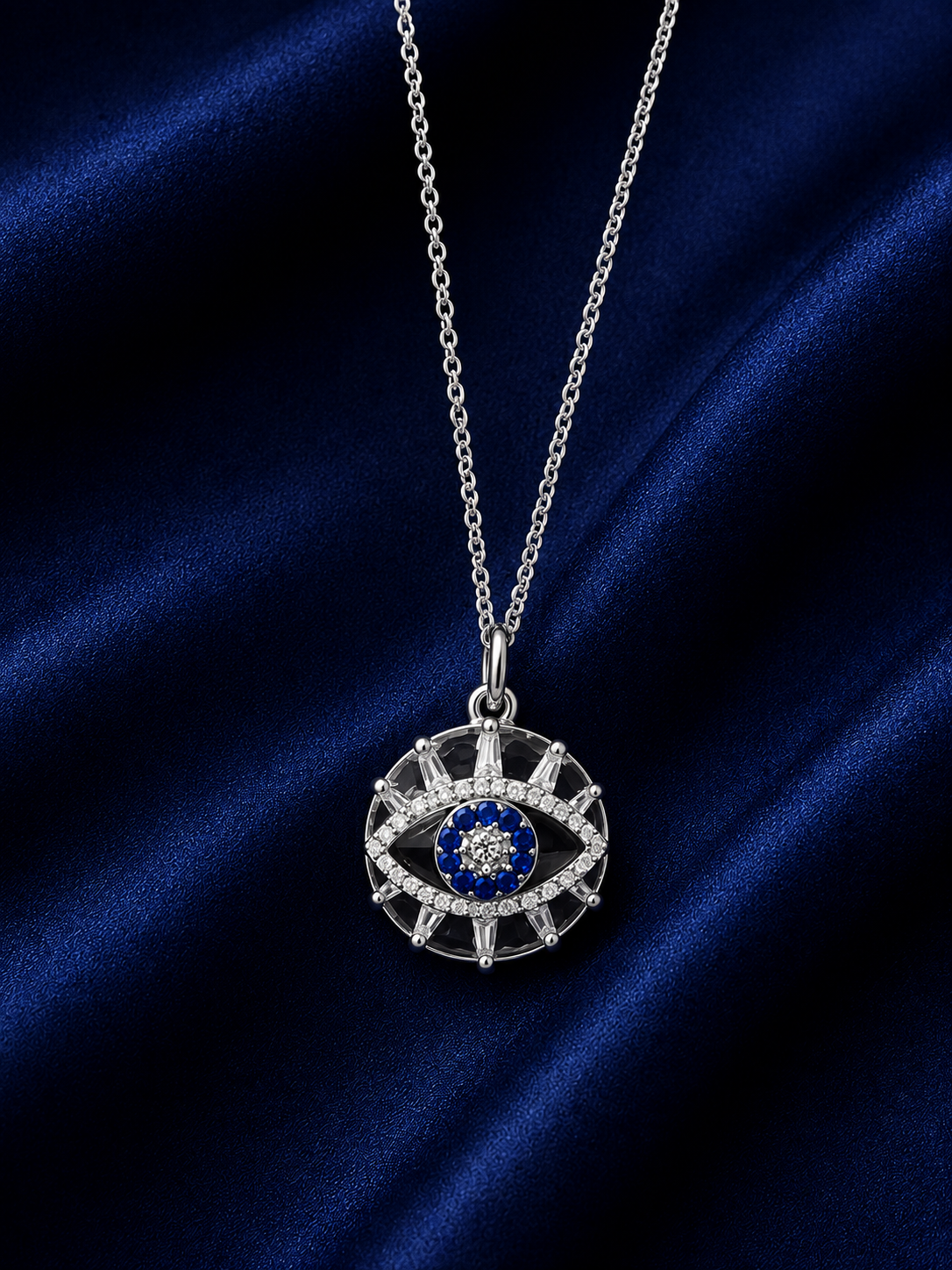 925 Sterling Silver Sunburst Evil Eye Pendant Necklace - Silver Finish - front view