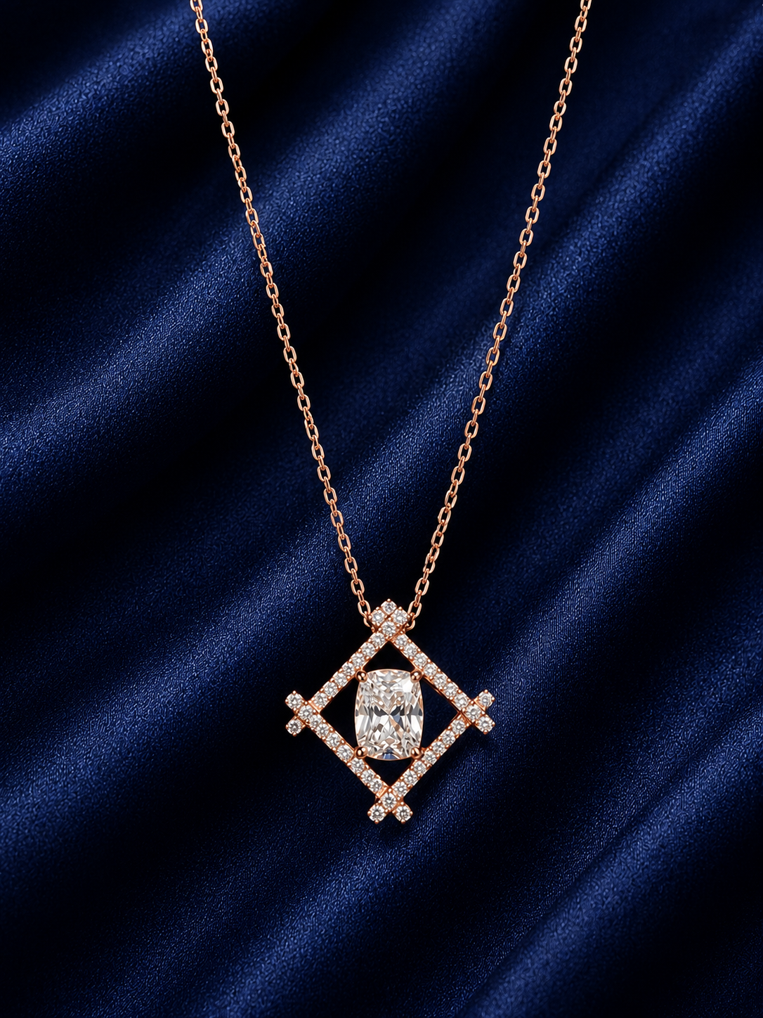 925 Sterling Silver Diamond Geometric Pendant Necklace - Rose Gold Finish - front view