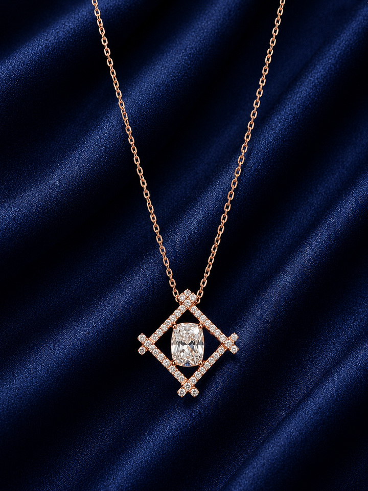 925 Sterling Silver Diamond Geometric Pendant Necklace - Rose Gold Finish - front view