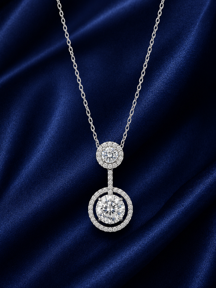 925 Sterling Silver Double Circle Halo Pendant Necklace - Silver Finish - front view