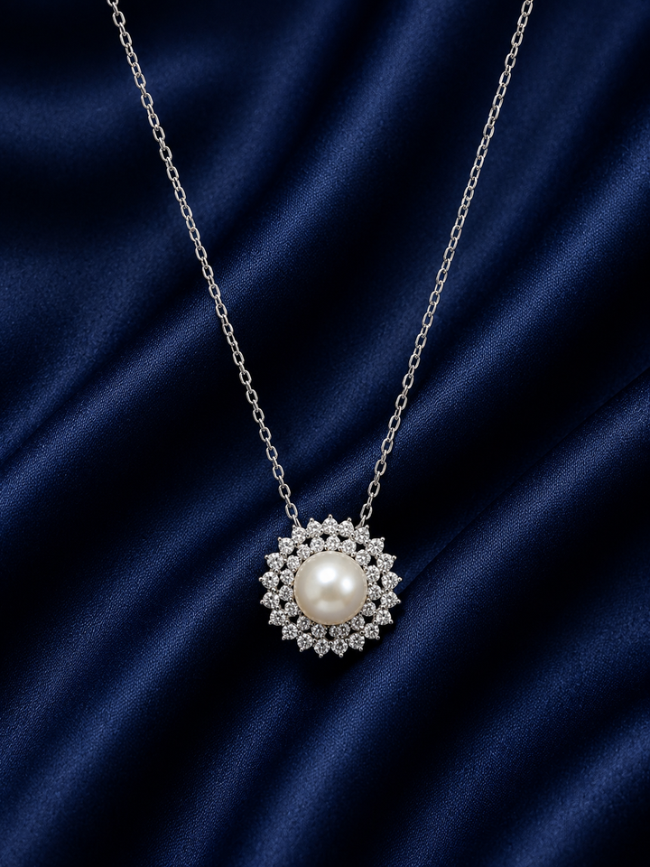 925 Sterling Silver Round Halo Pendant Necklace - Silver Finish - front view
