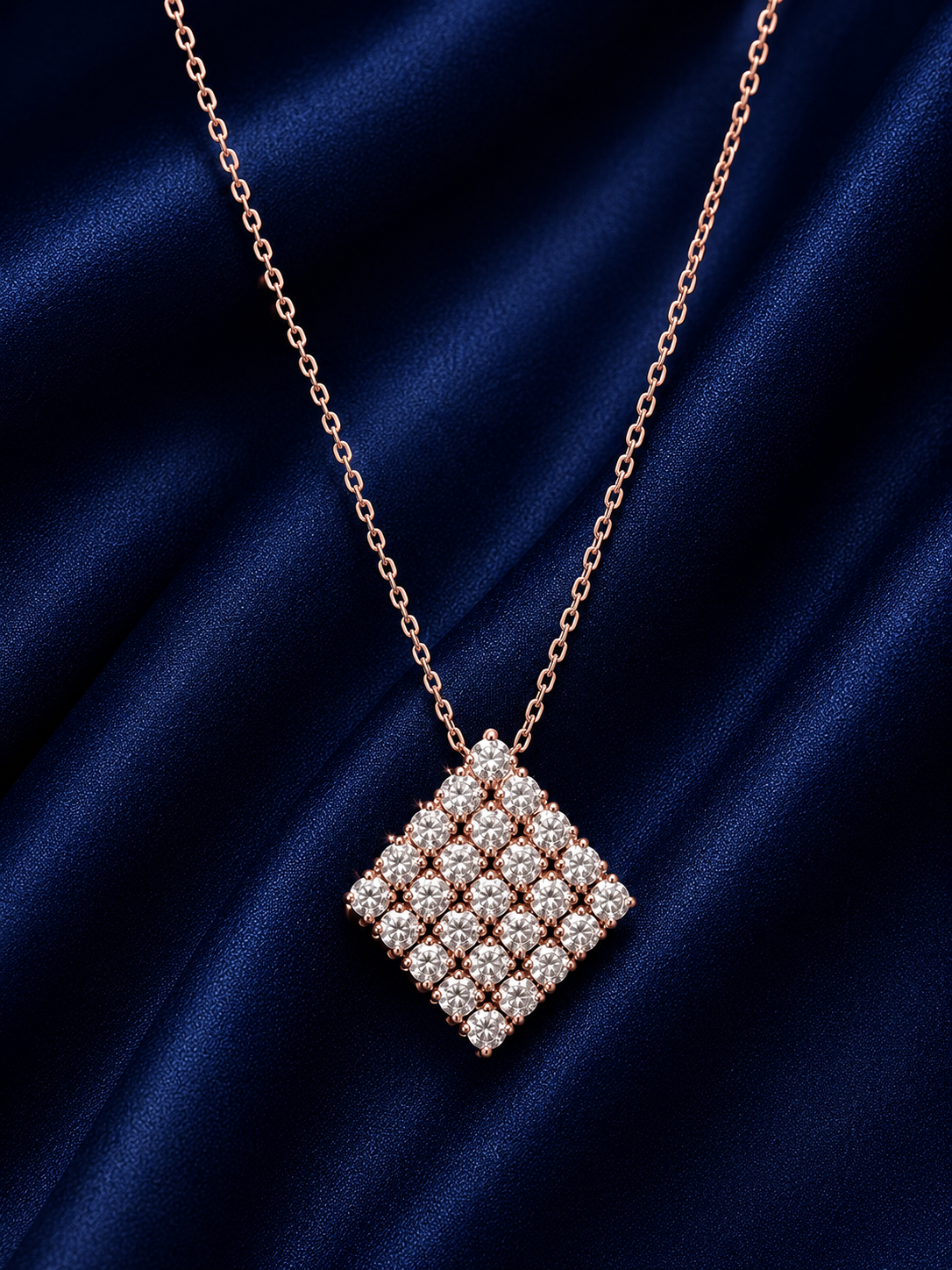 925 Sterling Silver Square Lattice Pendant Necklace - Rose Gold Finish - front view