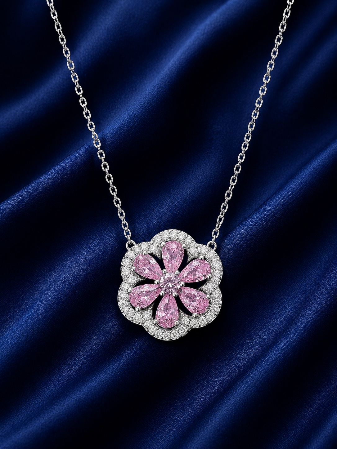 925 Sterling Silver Pink Flower Pendant Necklace - Silver Finish - front view