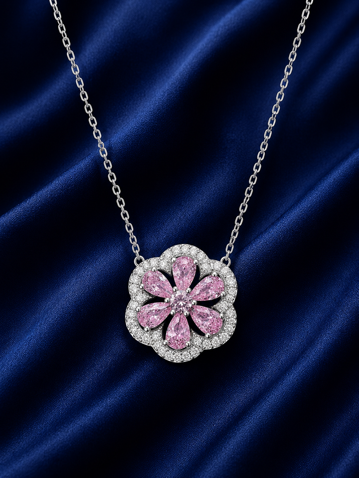 925 Sterling Silver Pink Flower Pendant Necklace - Silver Finish - front view