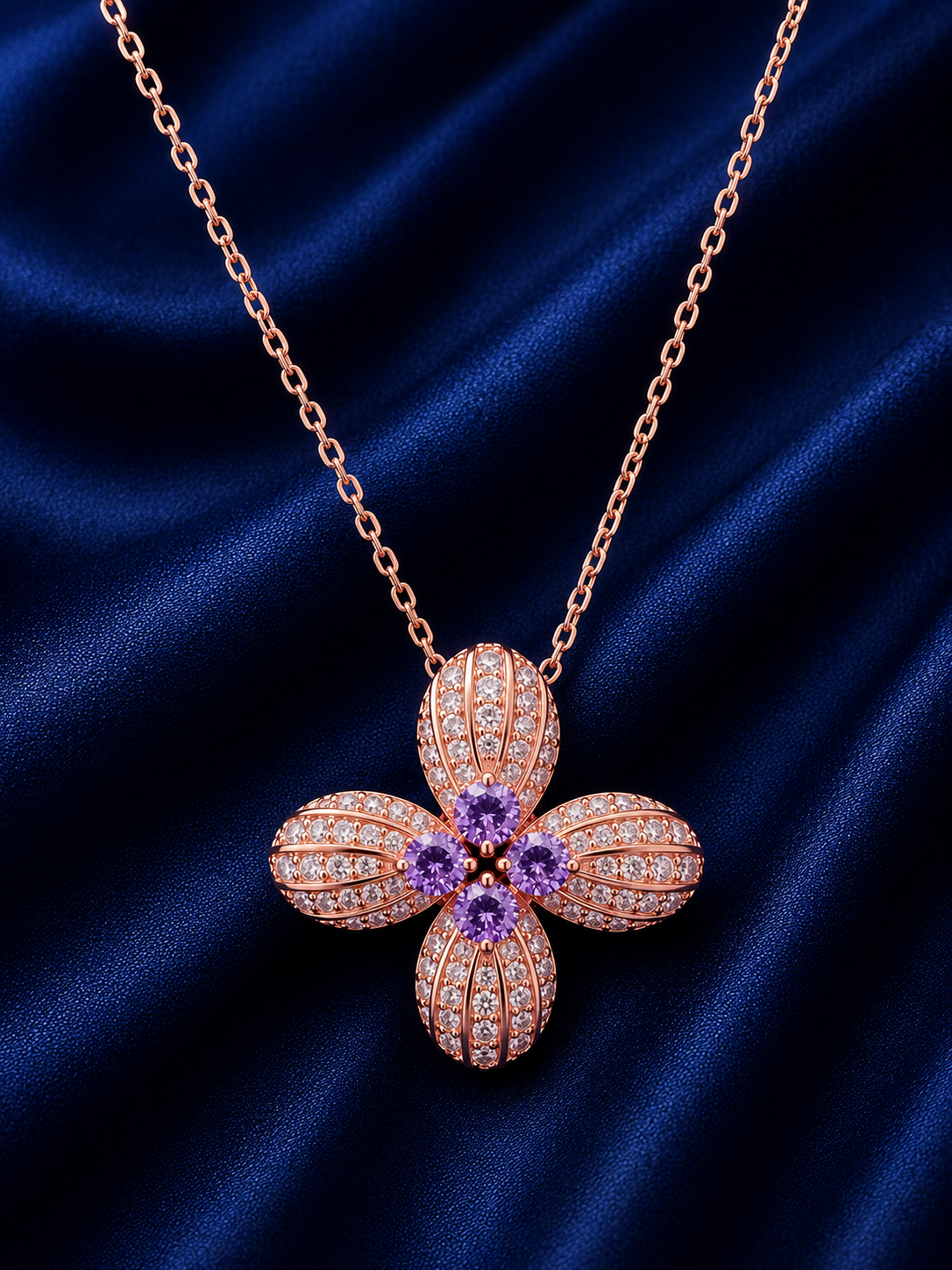 925 Sterling Silver Pink Flower Pendant Necklace - Rose Gold Finish - front view
