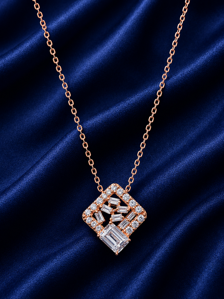 925 Sterling Silver Square Lattice Flower Pendant Necklace - Rose Gold Finish - front view