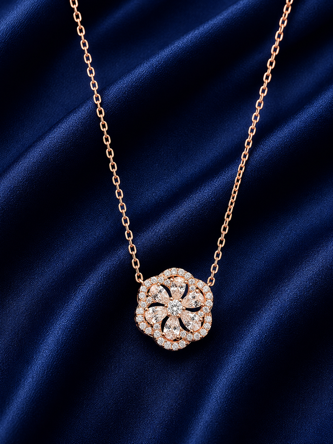 925 Sterling Silver Small Floral Clover Pendant Necklace - Rose Gold Finish - front view