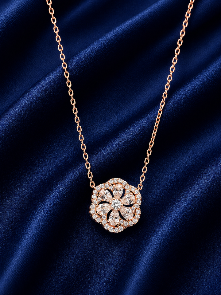 925 Sterling Silver Small Floral Clover Pendant Necklace - Rose Gold Finish - front view