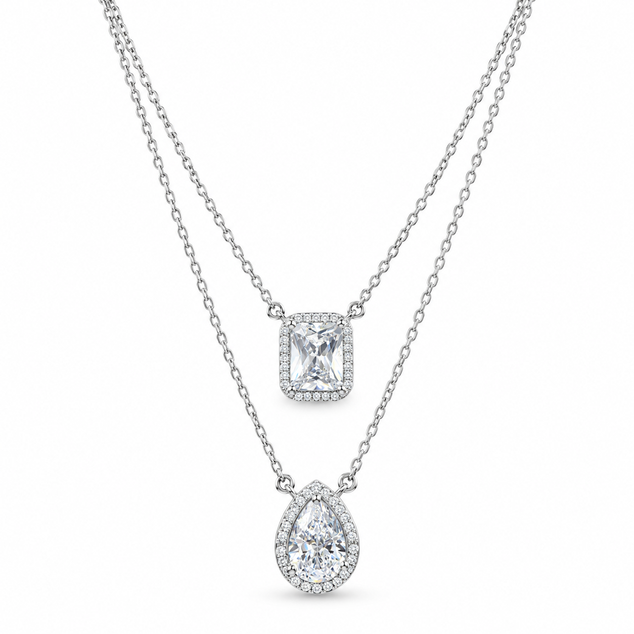 925 Sterling Silver Women's Double Layer Rectangle & Teardrop CZ Chain Pendant - Image 1