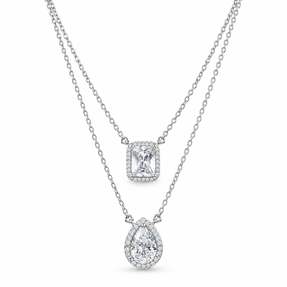 925 Sterling Silver Women's Double Layer Rectangle & Teardrop CZ Chain Pendant - Image 1