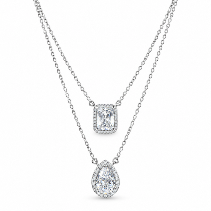 925 Sterling Silver Women's Double Layer Rectangle & Teardrop CZ Chain Pendant - Image 1