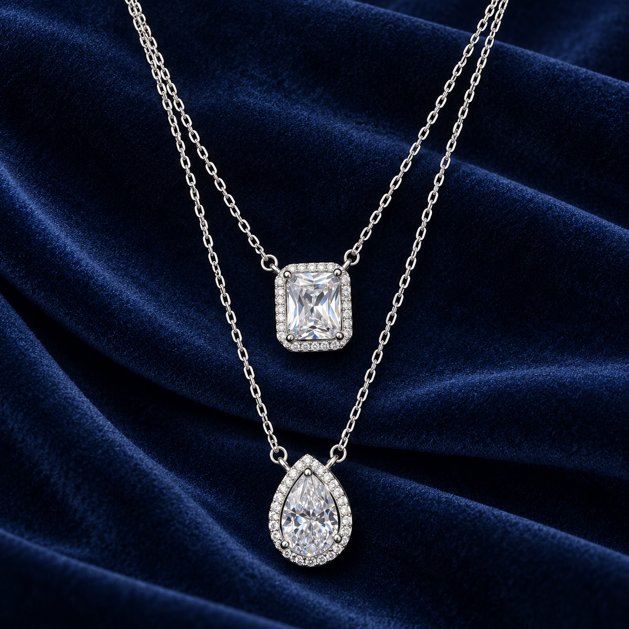 925 Sterling Silver Women's Double Layer Rectangle & Teardrop CZ Chain Pendant - Image 2