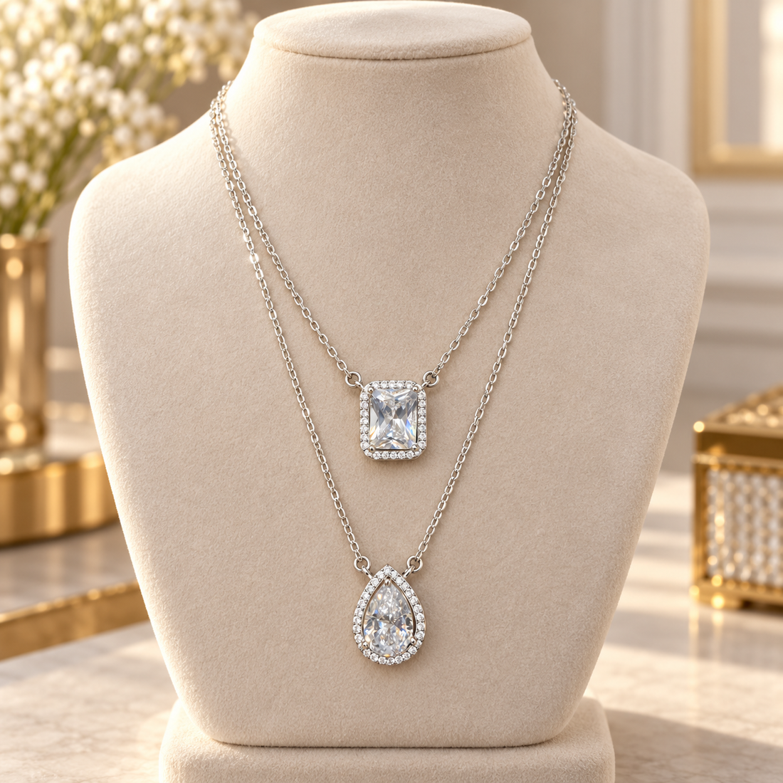 925 Sterling Silver Women's Double Layer Rectangle & Teardrop CZ Chain Pendant - Image 3