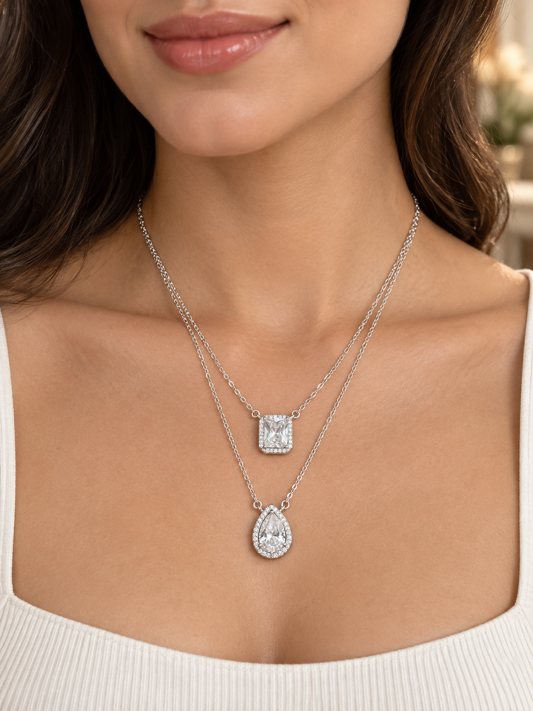 925 Sterling Silver Women's Double Layer Rectangle & Teardrop CZ Chain Pendant - Image 4