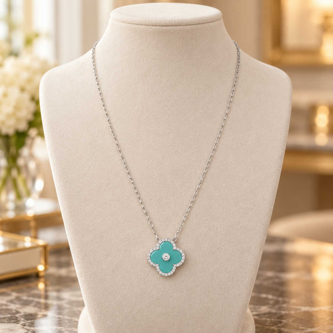 925 Sterling Silver Women's Turquoise Clover Chain Pendant - Image 3