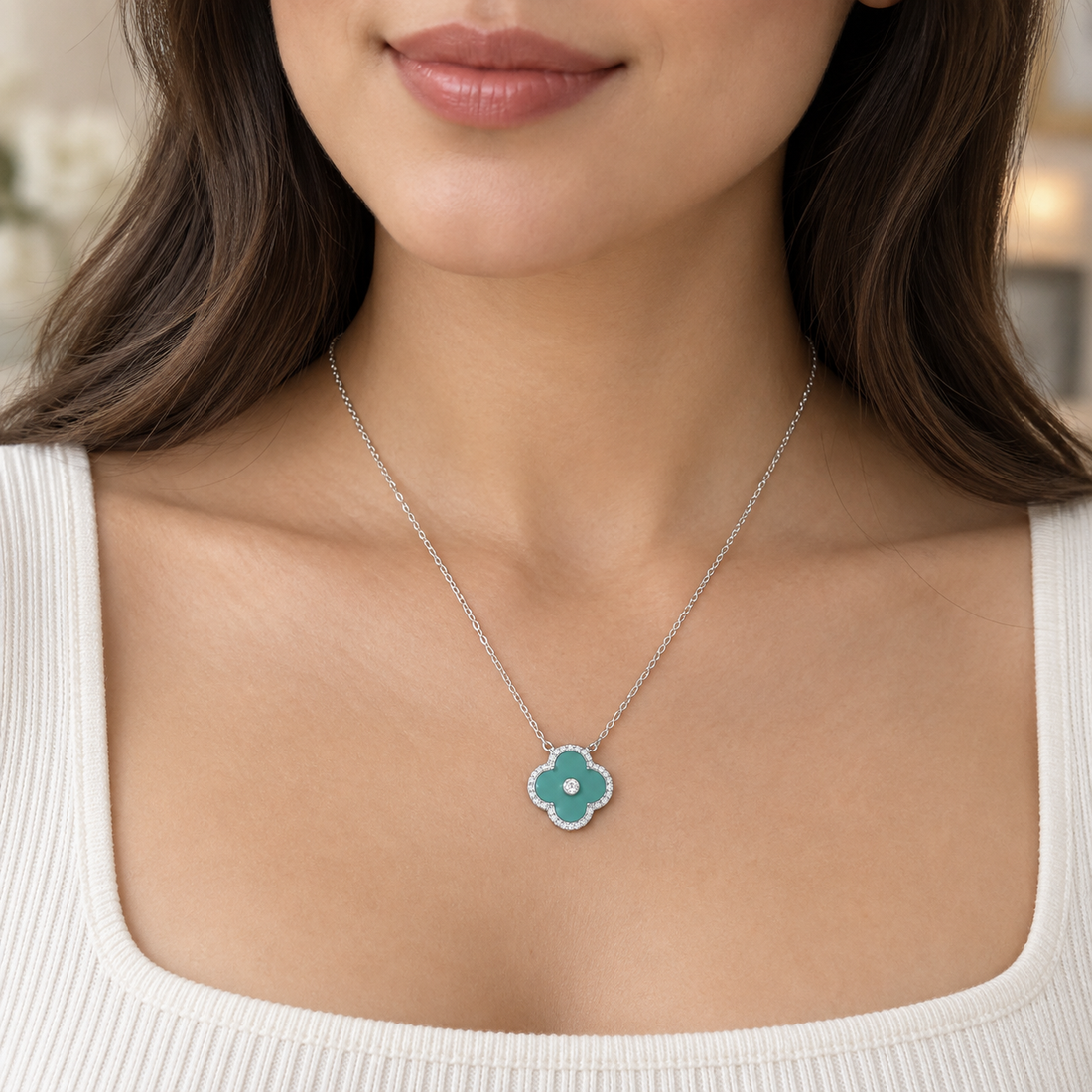 925 Sterling Silver Women's Turquoise Clover Chain Pendant - Image 4