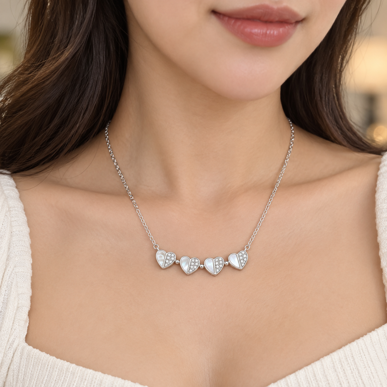 925 Sterling Silver Women's Five Heart CZ Chain Pendant - Image 4