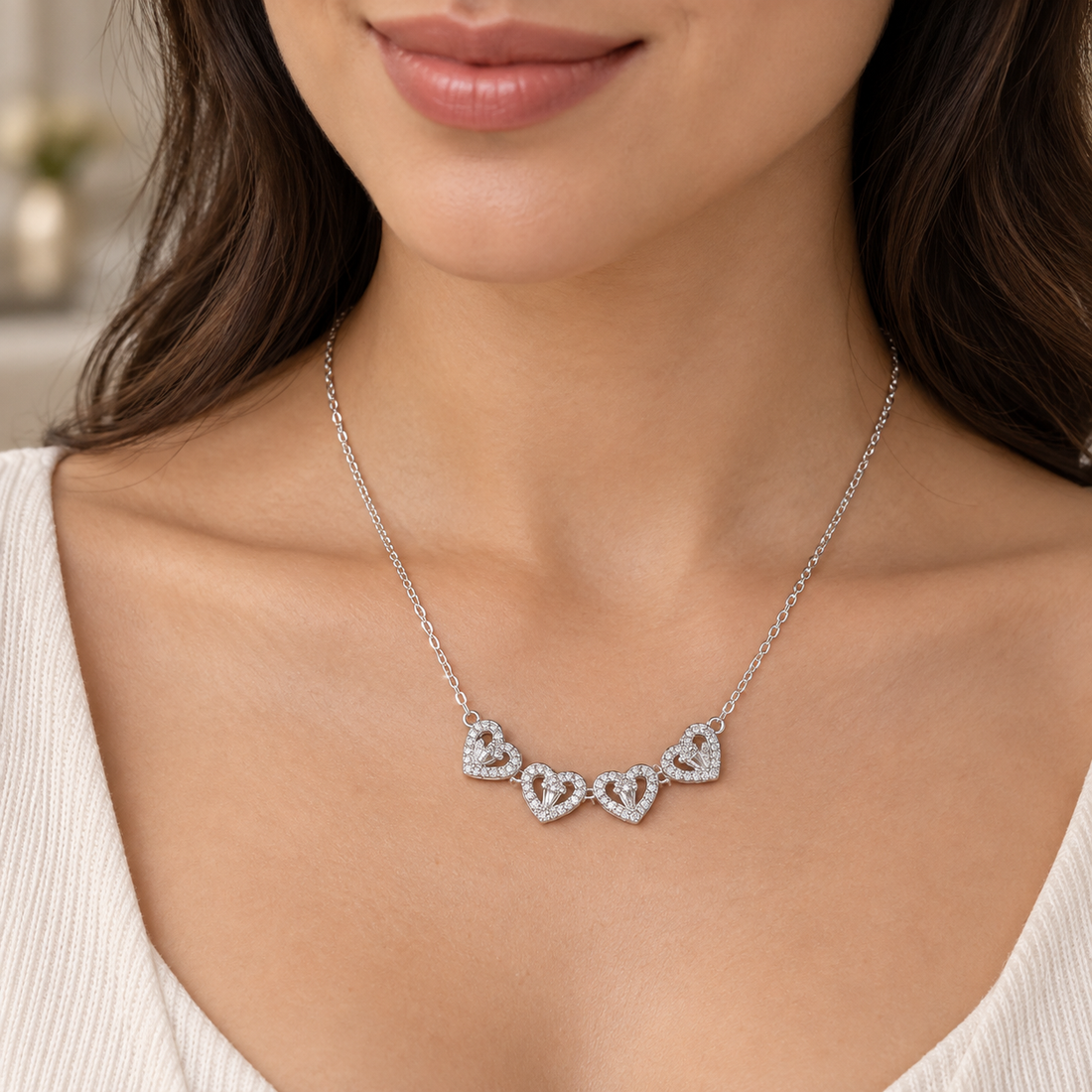 925 Sterling Silver Women's Multi-Heart CZ Chain Pendant - Image 4