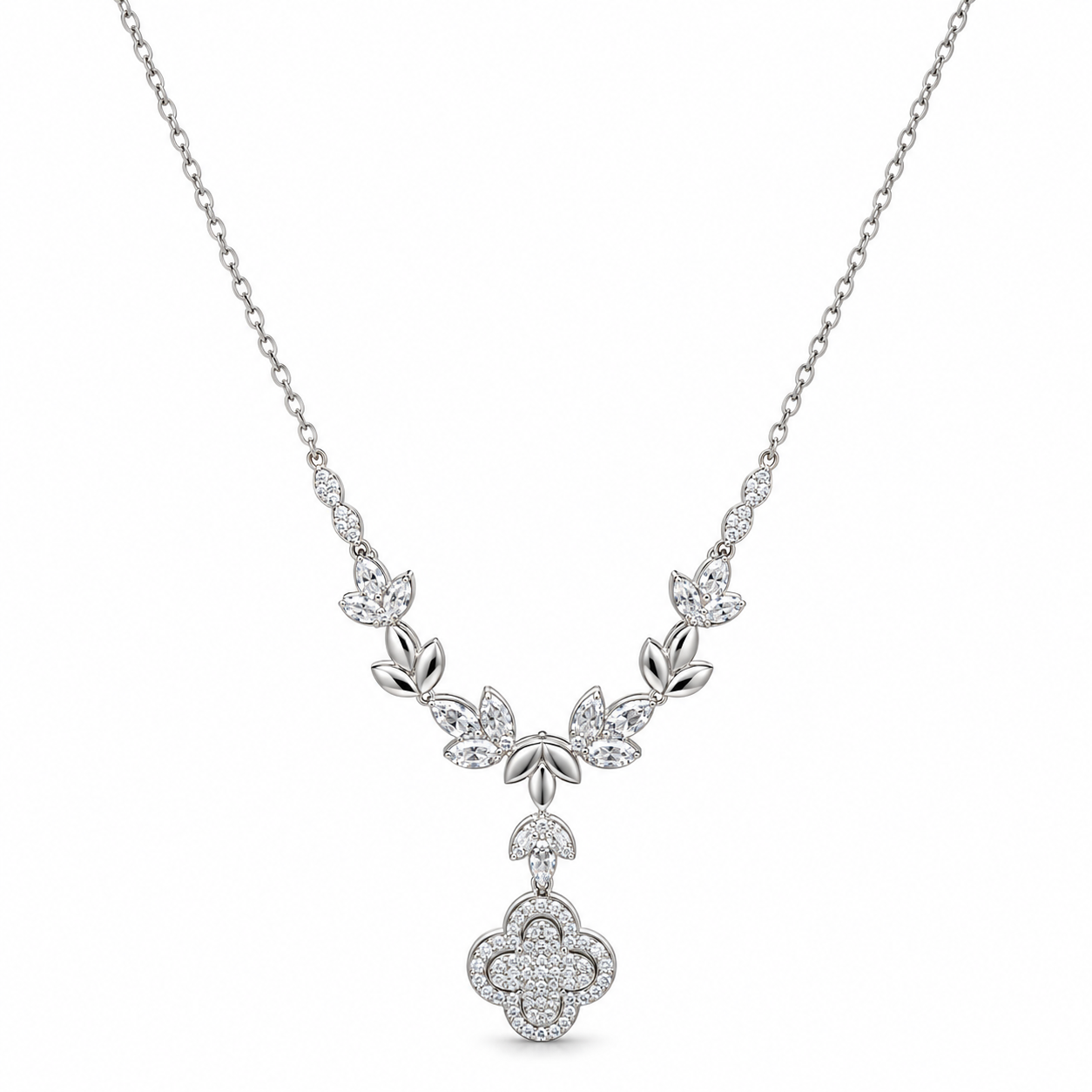 925 Sterling Silver Women's Floral Vine Drop CZ Chain Pendant - Image 1