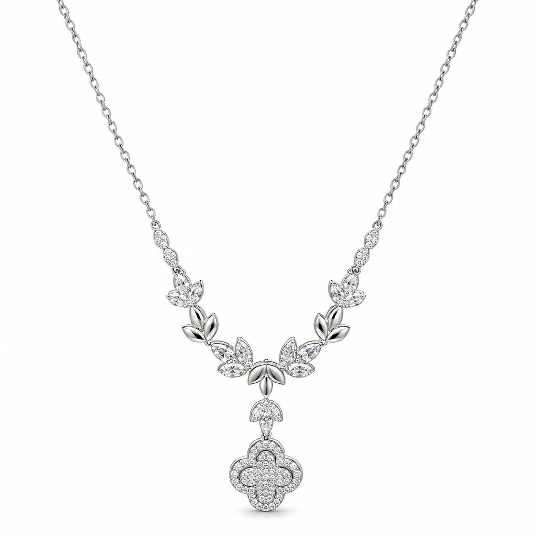 925 Sterling Silver Women's Floral Vine Drop CZ Chain Pendant - Image 1