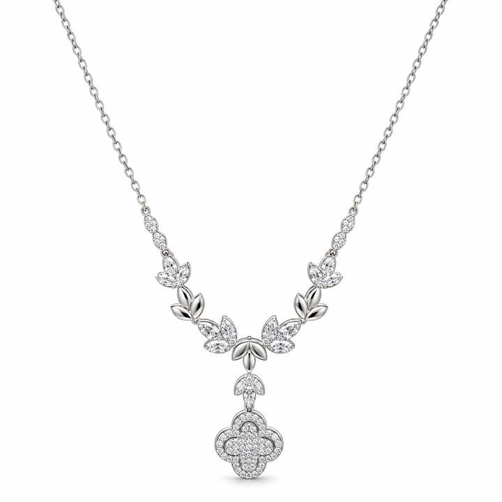 925 Sterling Silver Women's Floral Vine Drop CZ Chain Pendant - Image 1