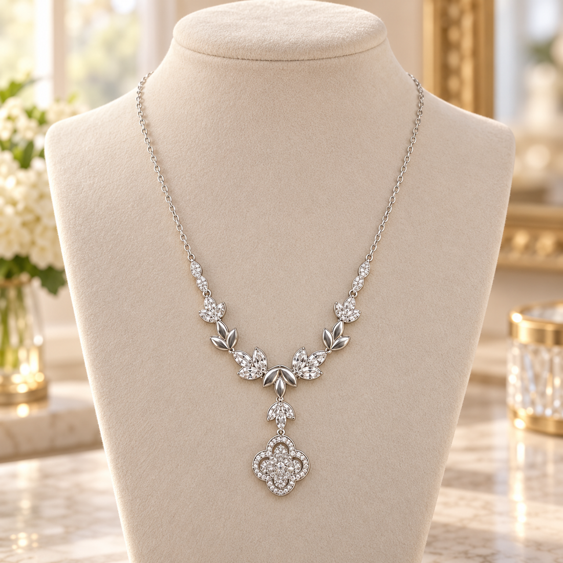 925 Sterling Silver Women's Floral Vine Drop CZ Chain Pendant - Image 3