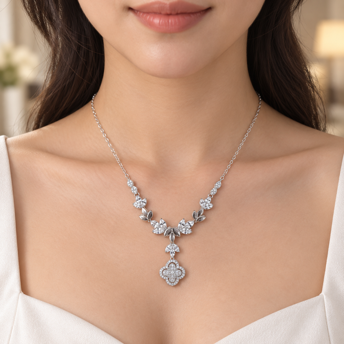 925 Sterling Silver Women's Floral Vine Drop CZ Chain Pendant - Image 4