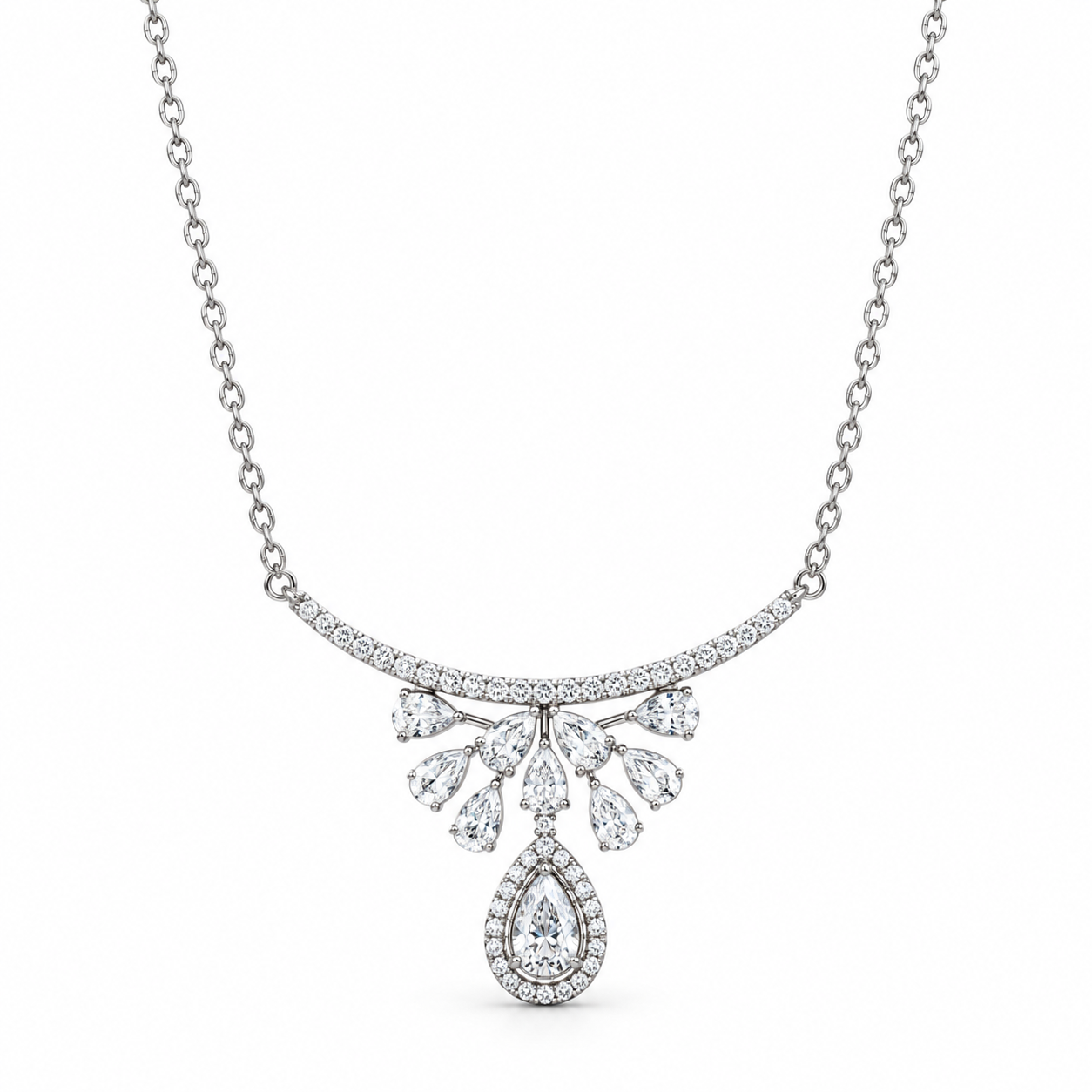 925 Sterling Silver Women's Leaf Cluster Teardrop CZ Chain Pendant - Image 1