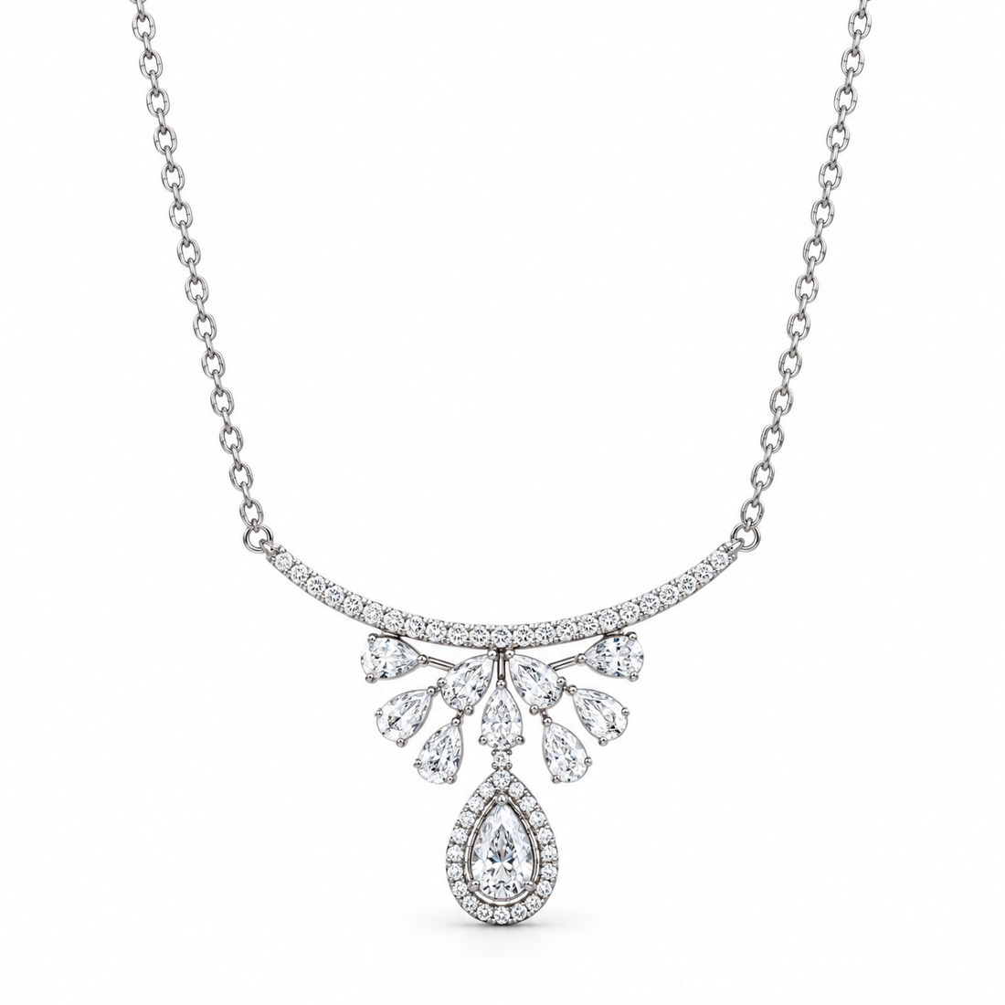 925 Sterling Silver Women's Leaf Cluster Teardrop CZ Chain Pendant - Image 1