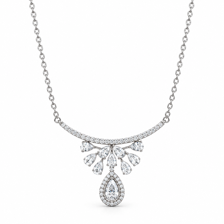 925 Sterling Silver Women's Leaf Cluster Teardrop CZ Chain Pendant - Image 1