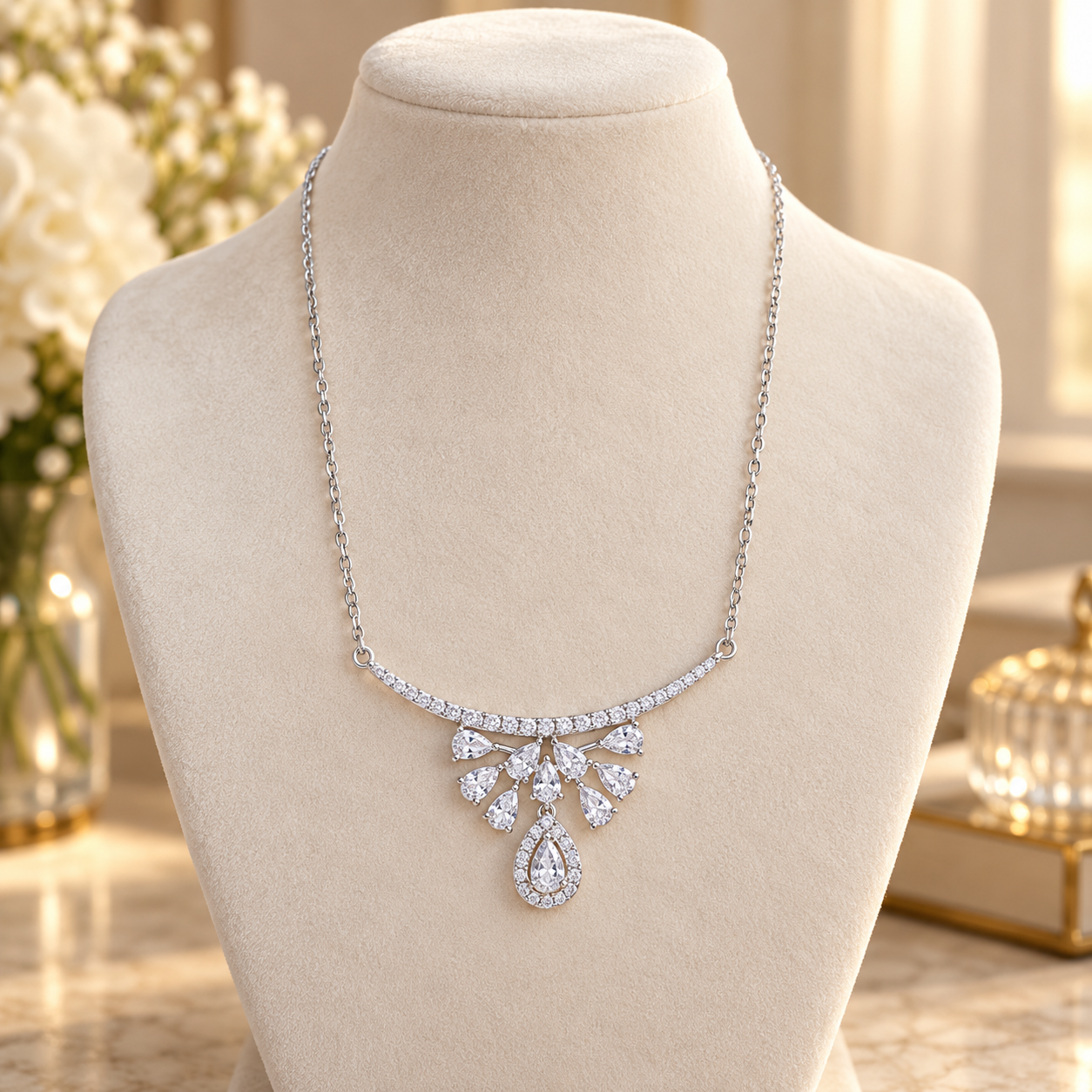 925 Sterling Silver Women's Leaf Cluster Teardrop CZ Chain Pendant - Image 3