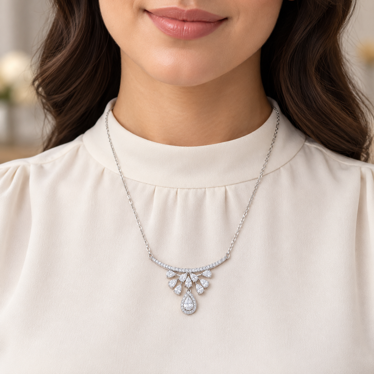 925 Sterling Silver Women's Leaf Cluster Teardrop CZ Chain Pendant - Image 4
