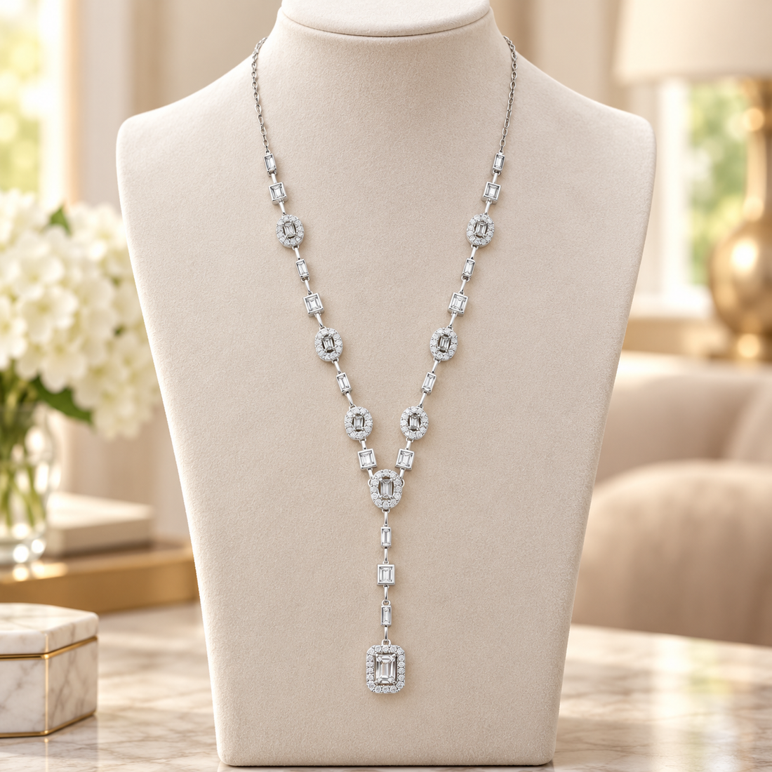 925 Sterling Silver Women's CZ Y-Drop Chain Pendant - Image 3