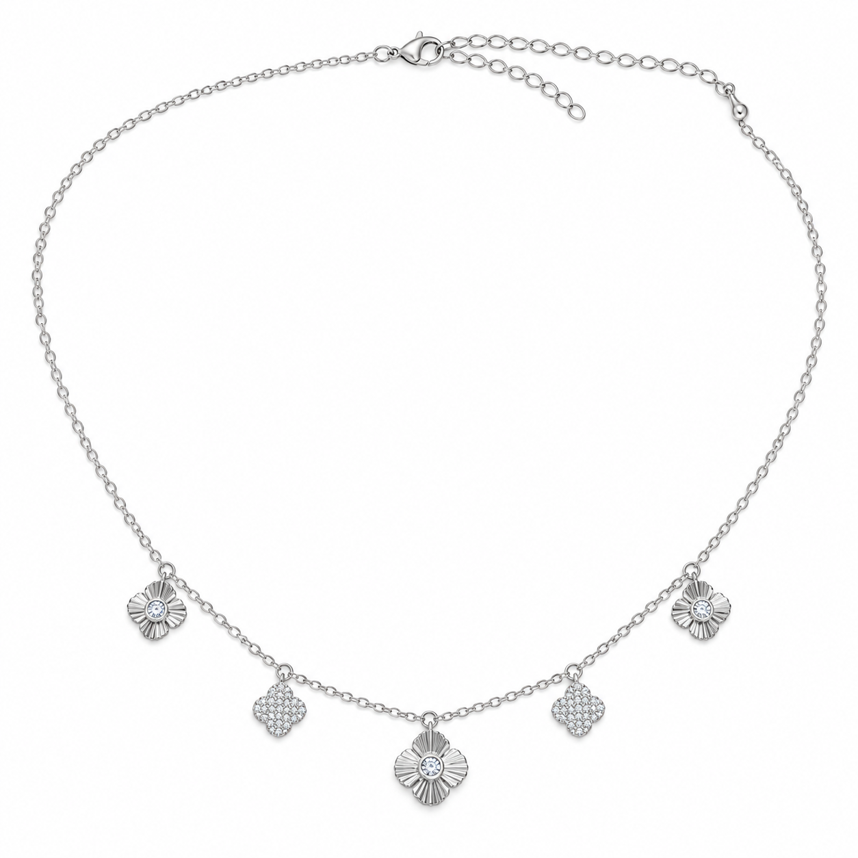 925 Sterling Silver Women's Five Geometric CZ Charm Chain Pendant - Image 1