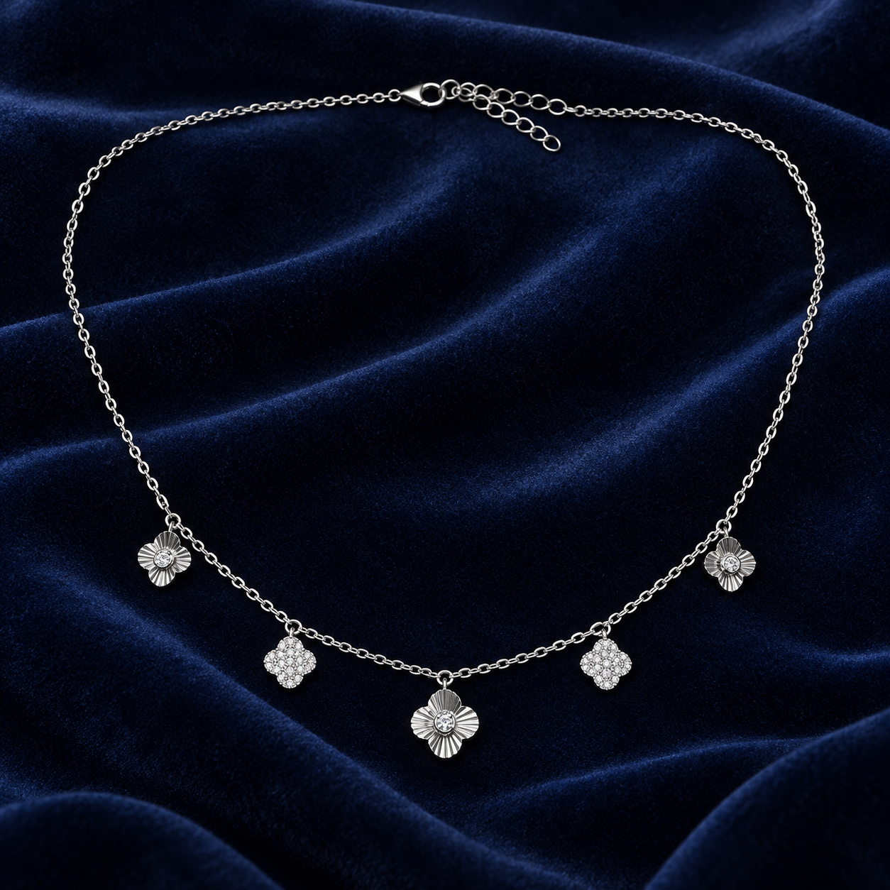 925 Sterling Silver Women's Five Geometric CZ Charm Chain Pendant - Image 2