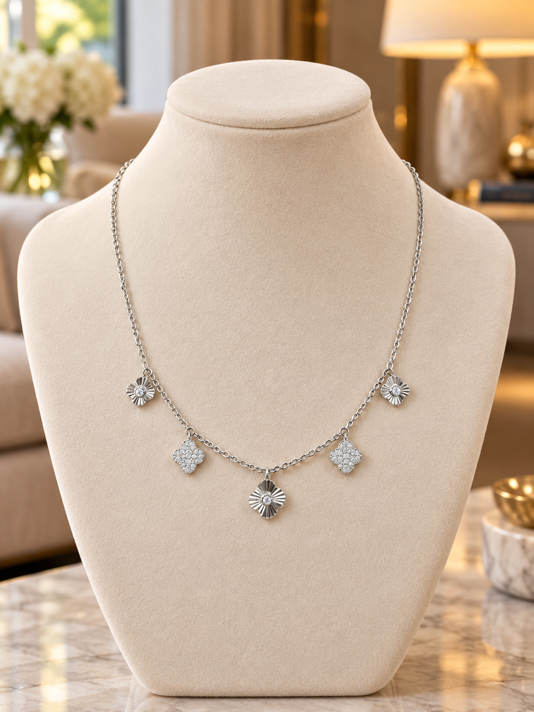 925 Sterling Silver Women's Five Geometric CZ Charm Chain Pendant - Image 3