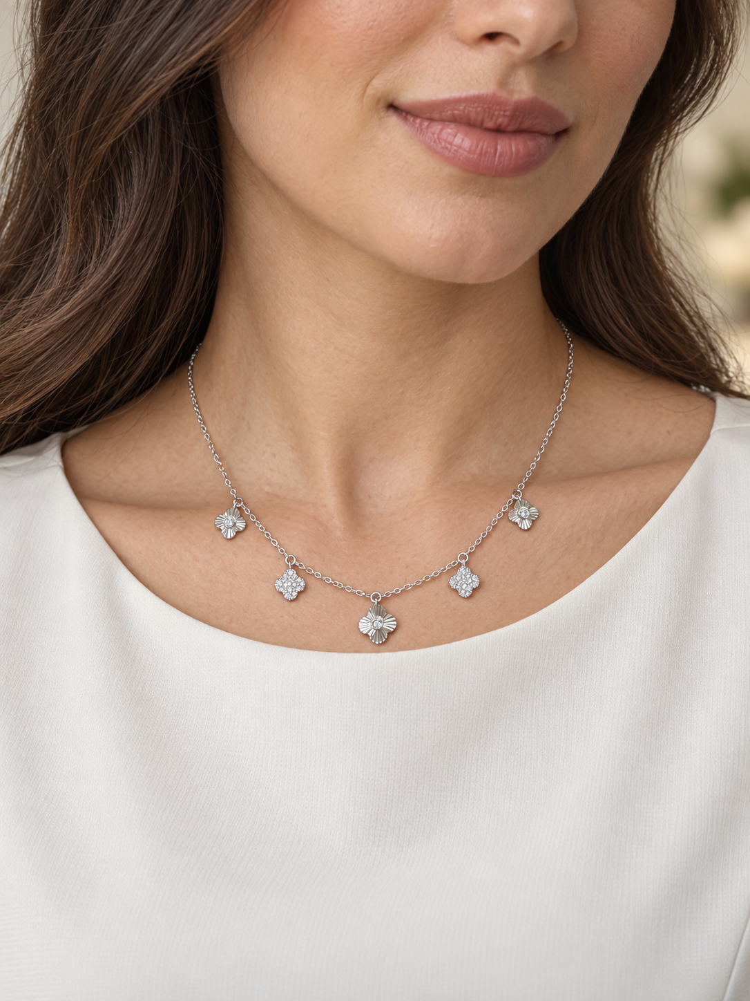 925 Sterling Silver Women's Five Geometric CZ Charm Chain Pendant - Image 4